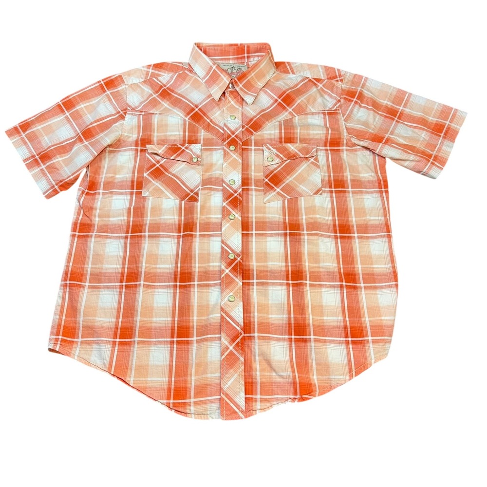 Wrangler American Cowboy Mens Orange Plaid Short Sleeve Pearl Snap Western Shirt